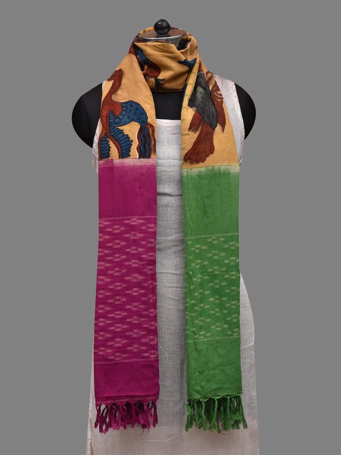 Multicolor Kalamkari Hand Painted Ikat Cotton Handloom Dupatta with Birds Design ds2602