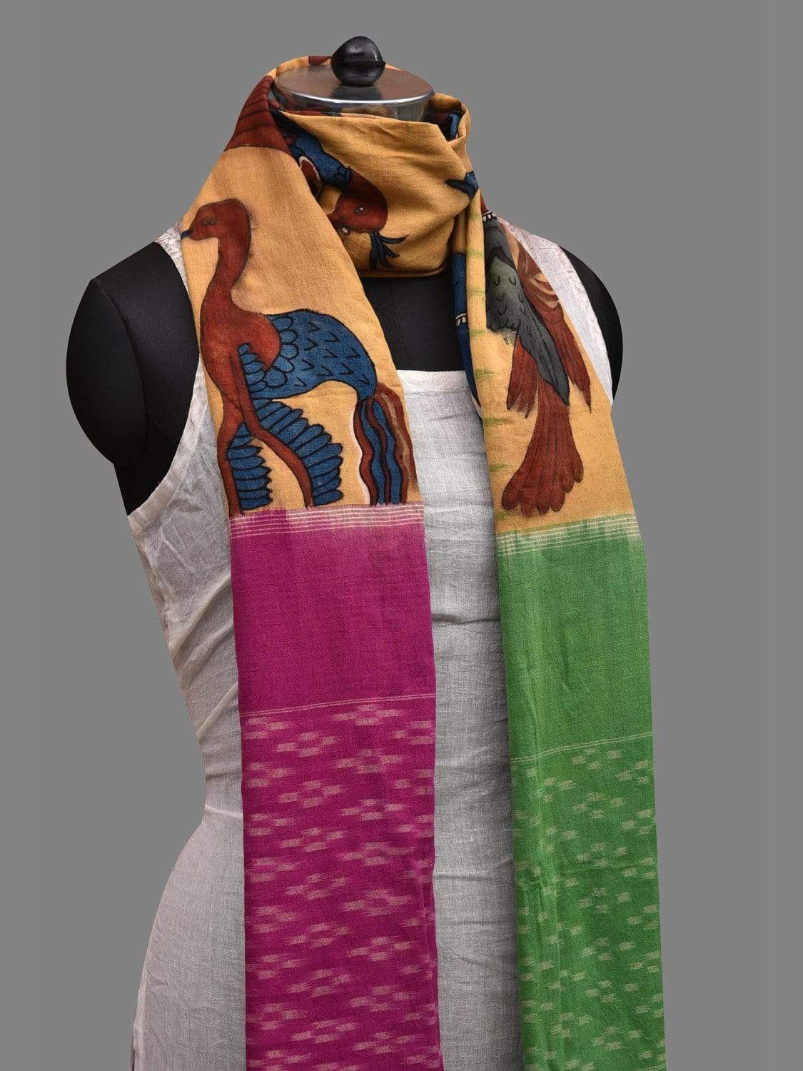 Multicolor Kalamkari Hand Painted Ikat Cotton Handloom Dupatta with Birds Design ds2602