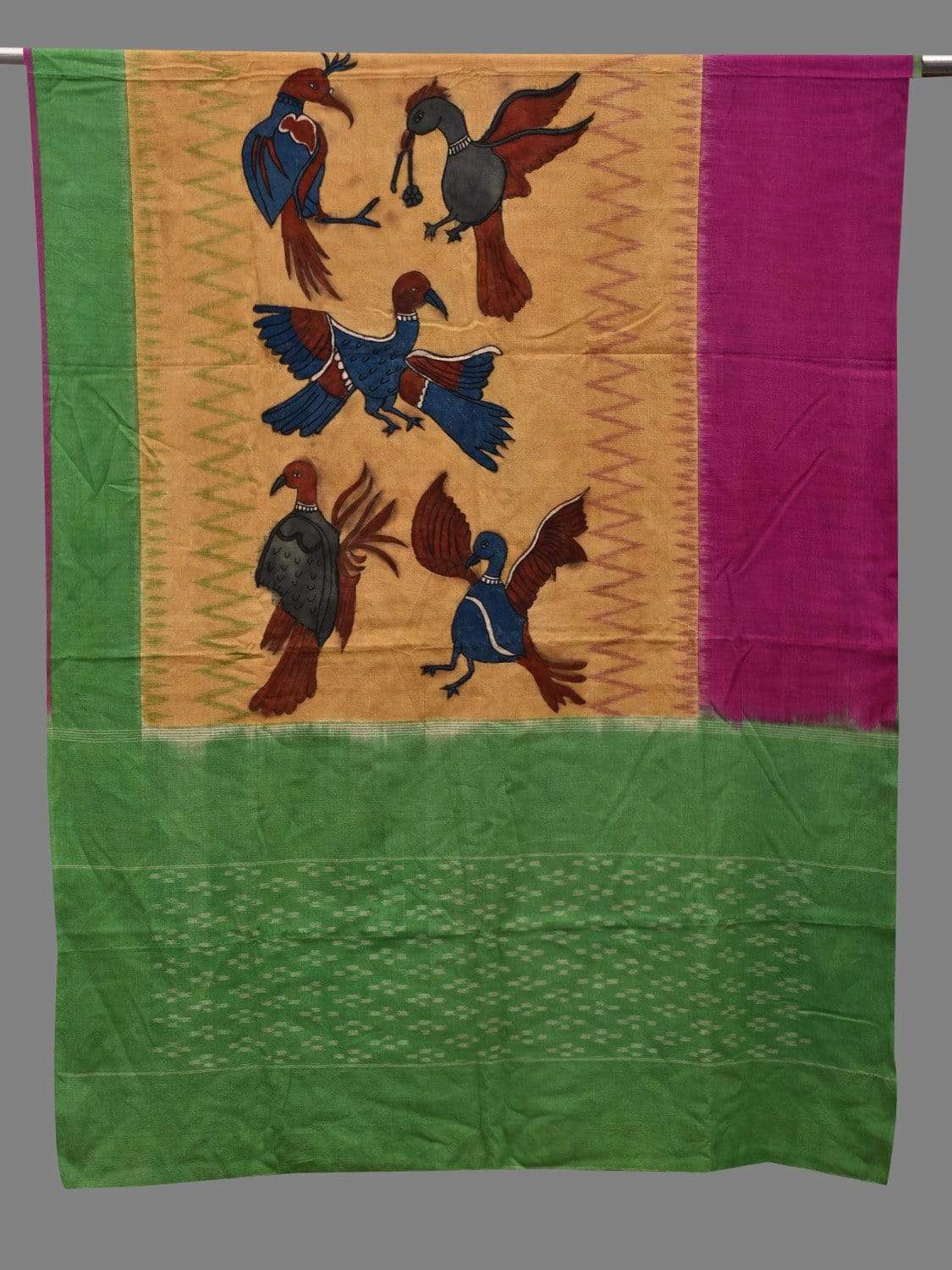 Multicolor Kalamkari Hand Painted Ikat Cotton Handloom Dupatta with Birds Design ds2602