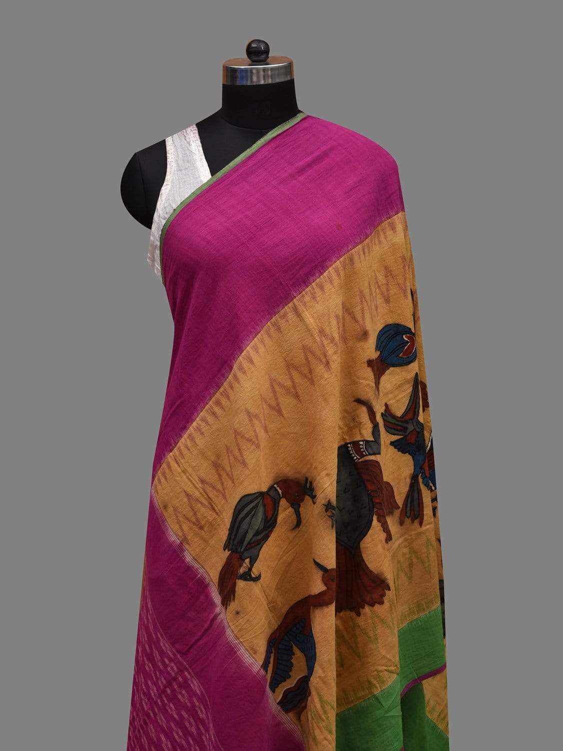 Multicolor Kalamkari Hand Painted Ikat Cotton Handloom Dupatta with Birds Design ds2602