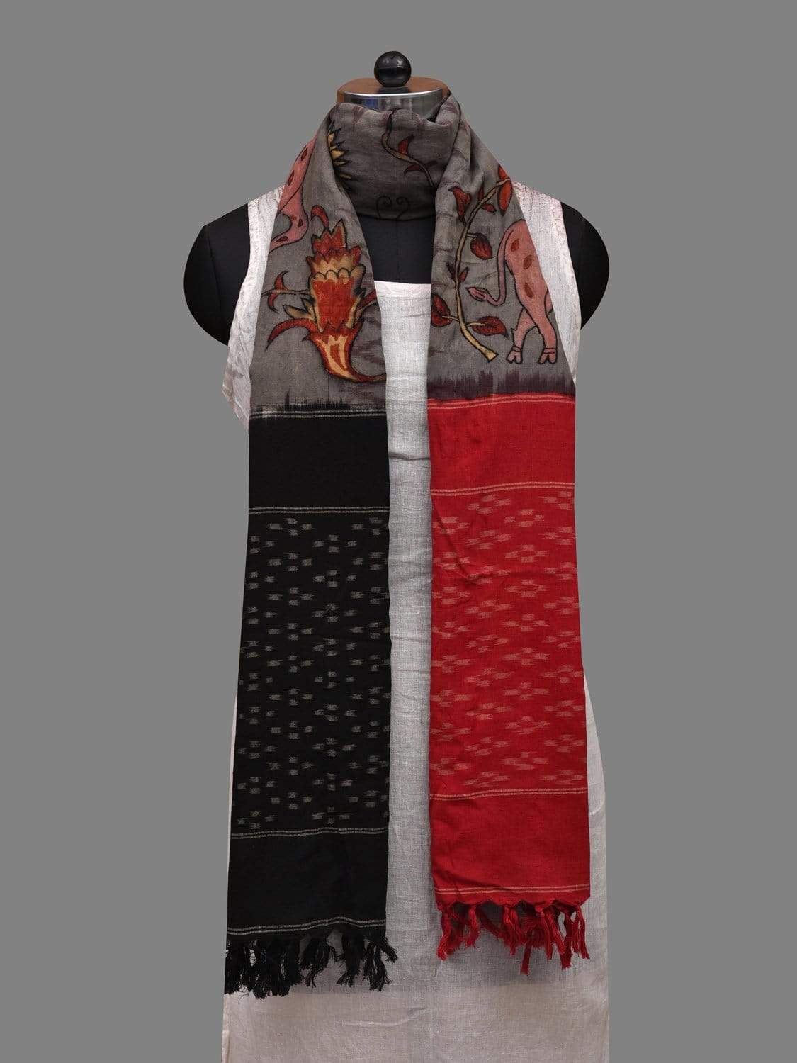 Multicolor Kalamkari Hand Painted Ikat Cotton Handloom Dupatta with Deer and Floral Design ds2604