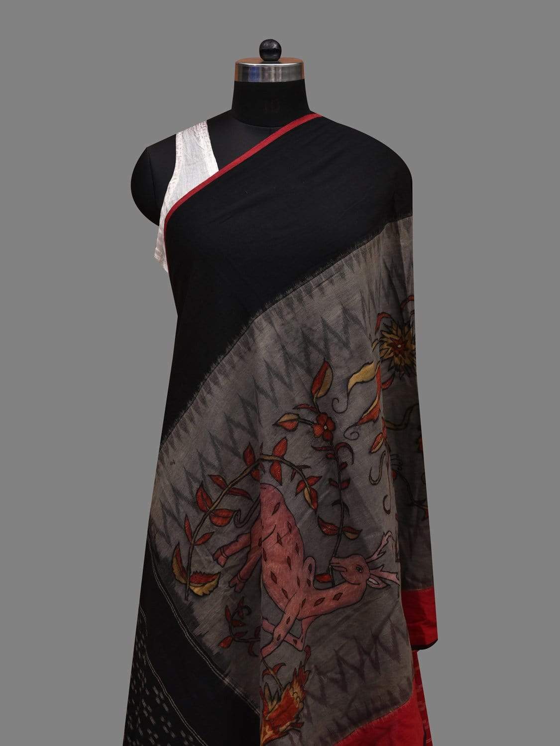 Multicolor Kalamkari Hand Painted Ikat Cotton Handloom Dupatta with Deer and Floral Design ds2604