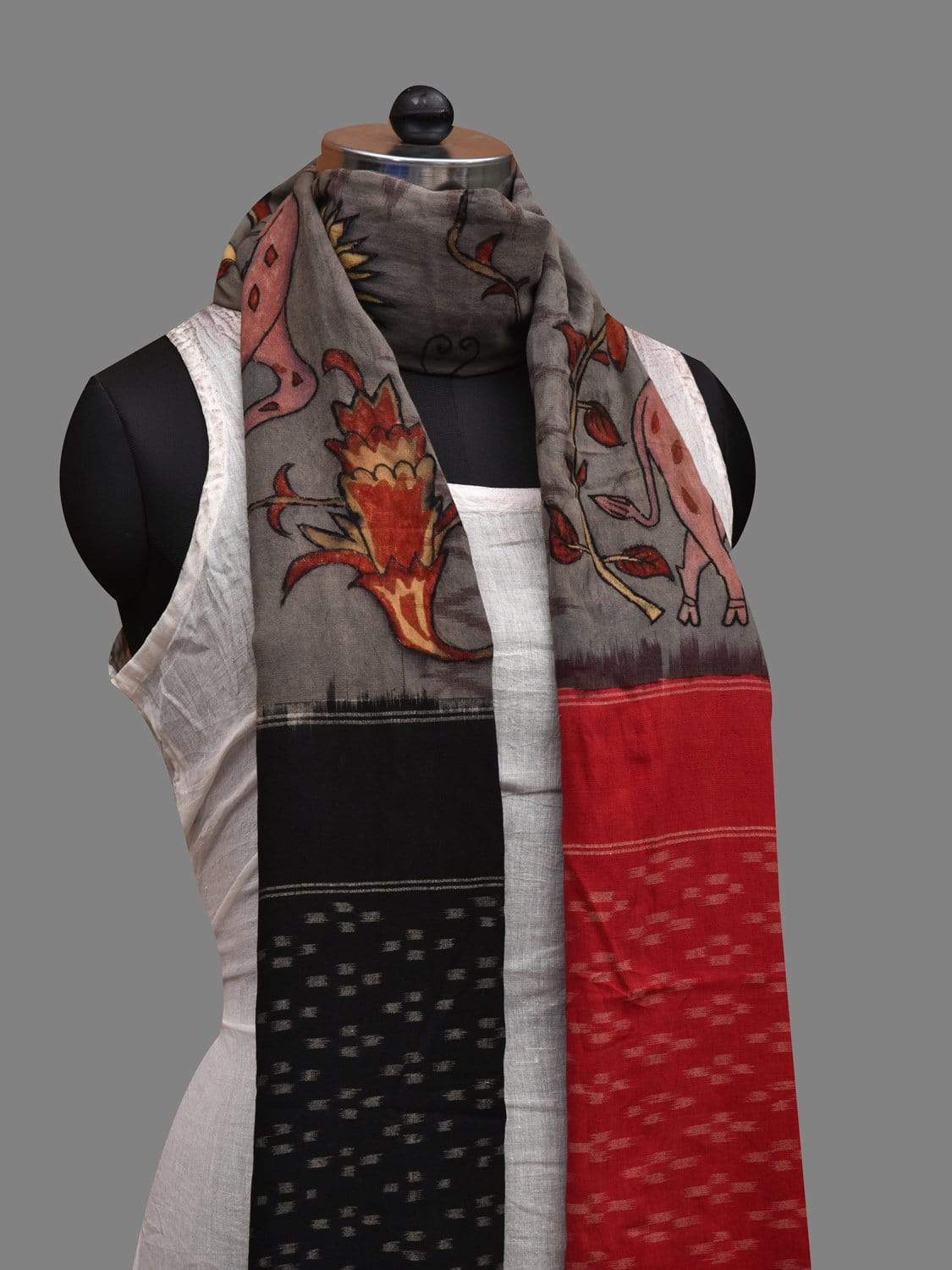 Multicolor Kalamkari Hand Painted Ikat Cotton Handloom Dupatta with Deer and Floral Design ds2604