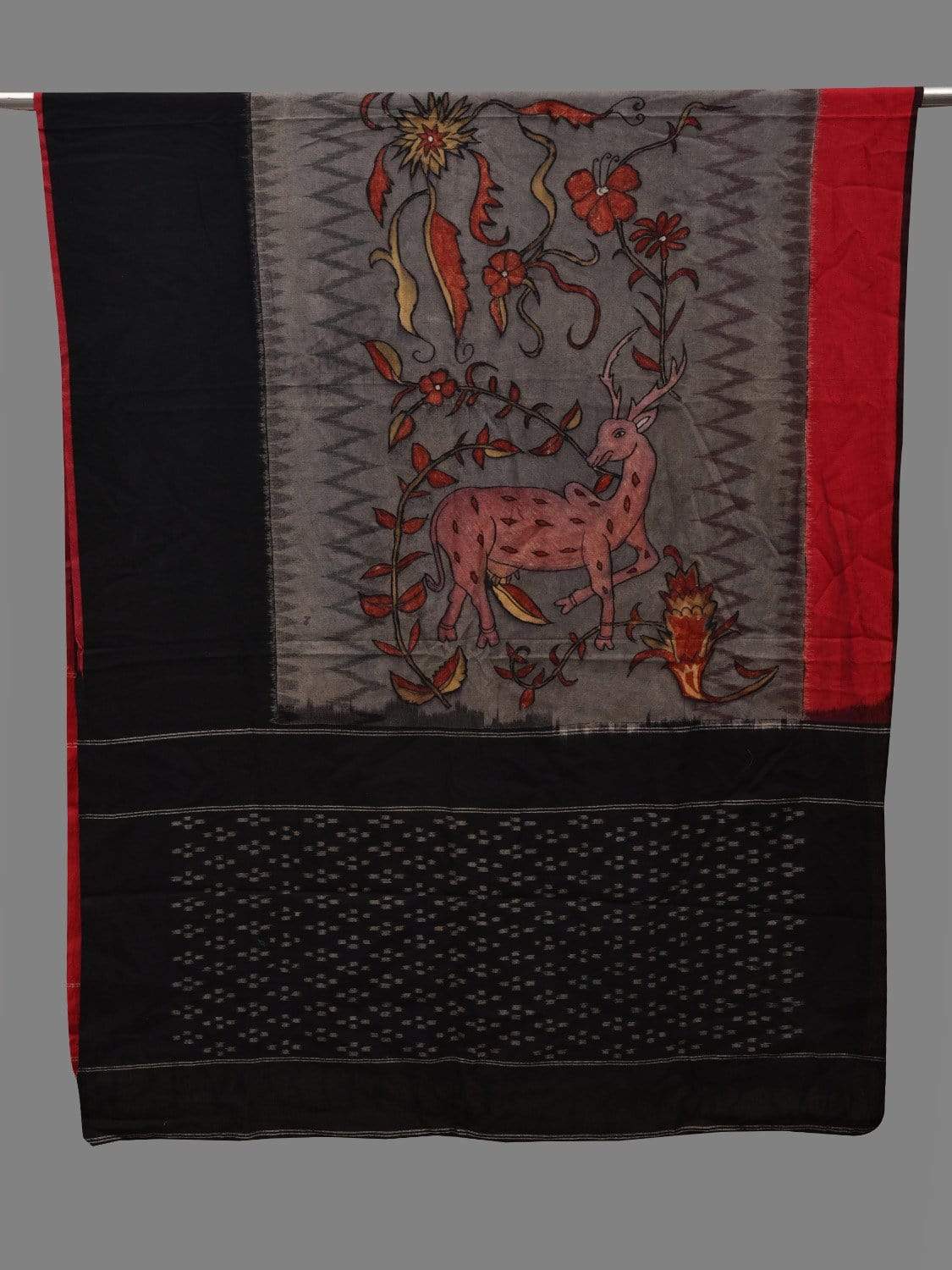 Multicolor Kalamkari Hand Painted Ikat Cotton Handloom Dupatta with Deer and Floral Design ds2604