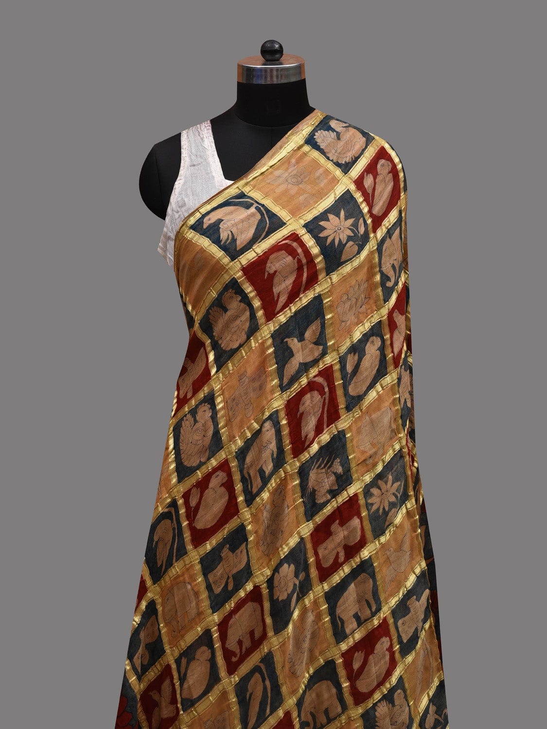 Multicolor Kalamkari Hand Painted Kanchipuram Silk Handloom Dupatta with Animals and Peacocks Design ds2610