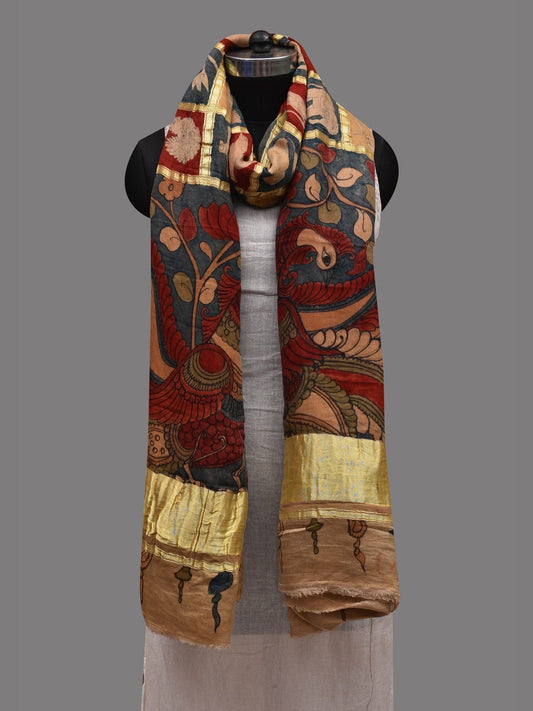 Multicolor Kalamkari Hand Painted Kanchipuram Silk Handloom Dupatta with Animals and Peacocks Design ds2610