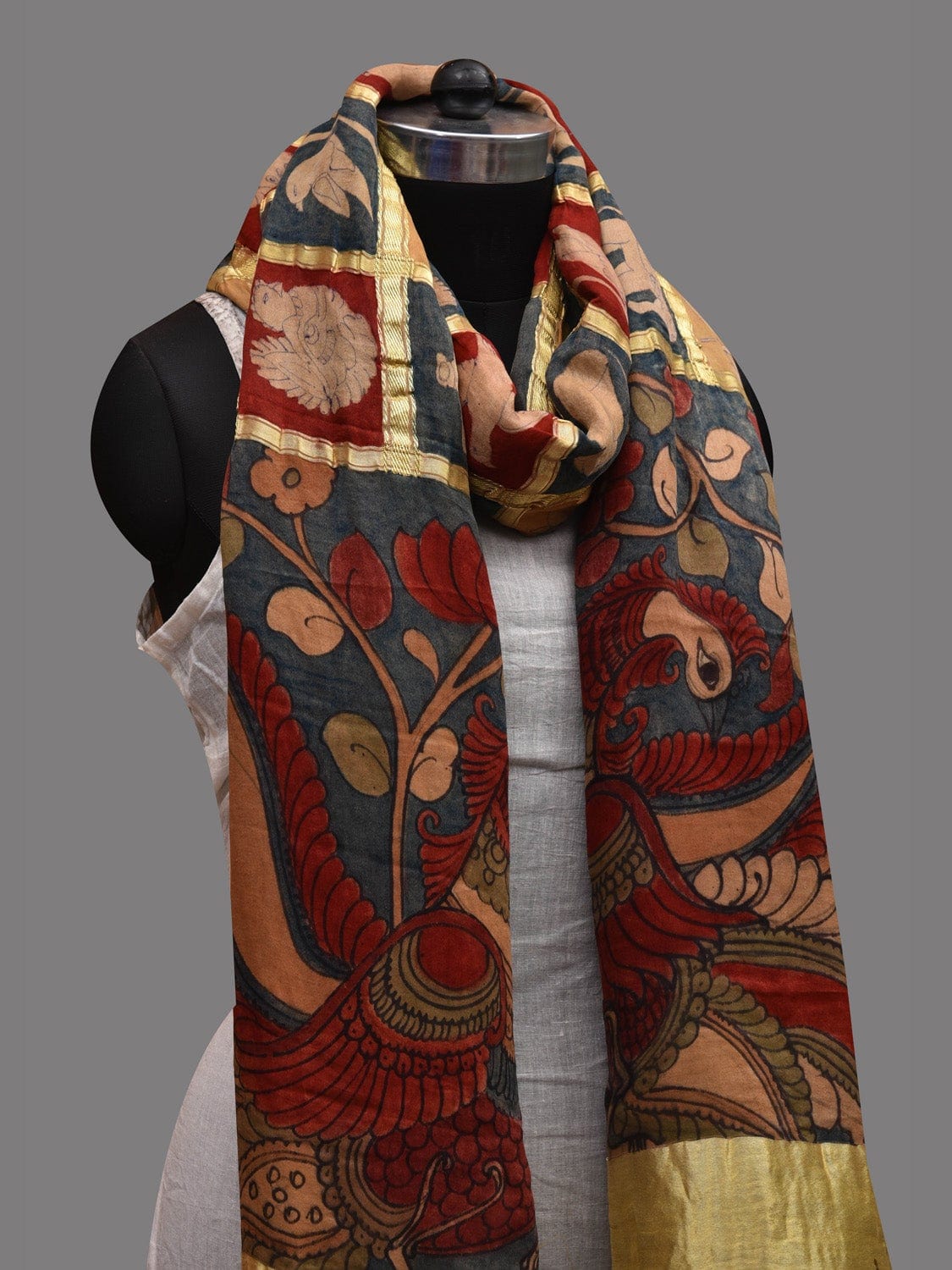 Multicolor Kalamkari Hand Painted Kanchipuram Silk Handloom Dupatta with Animals and Peacocks Design ds2610