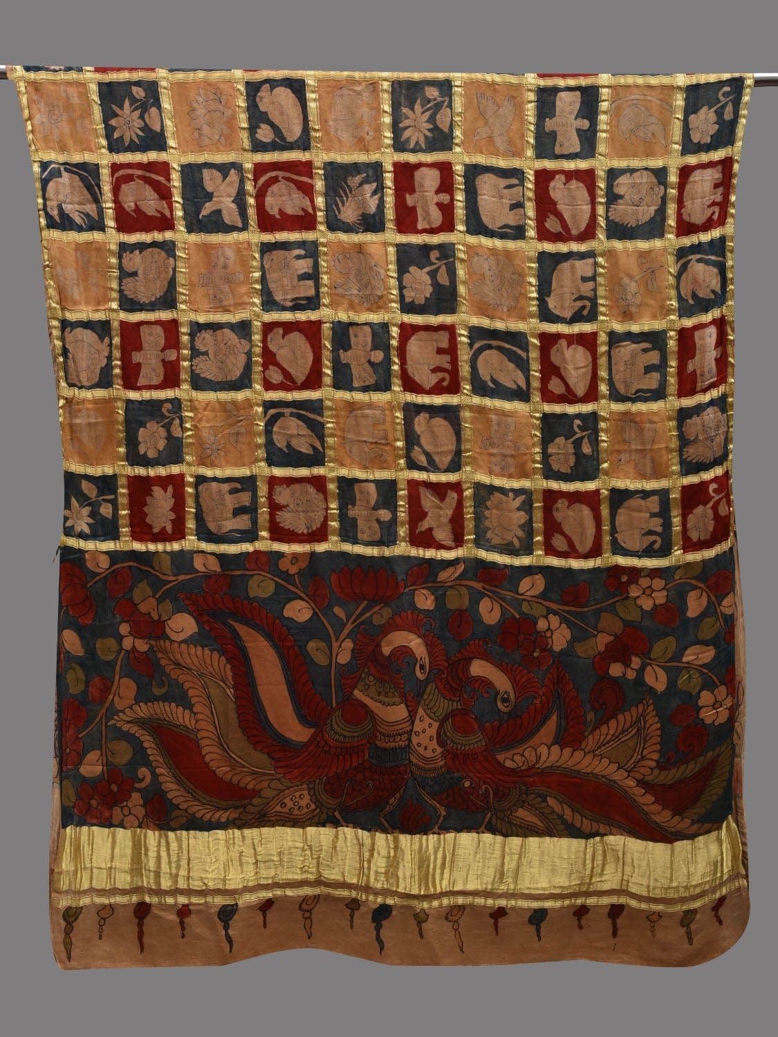 Multicolor Kalamkari Hand Painted Kanchipuram Silk Handloom Dupatta with Animals and Peacocks Design ds2610