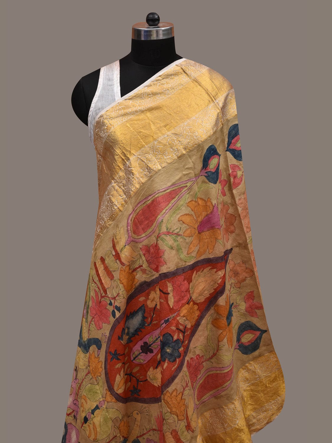 Multicolor Kalamkari Hand Painted Kanchipuram Silk Handloom Dupatta with Animals Design ds2784