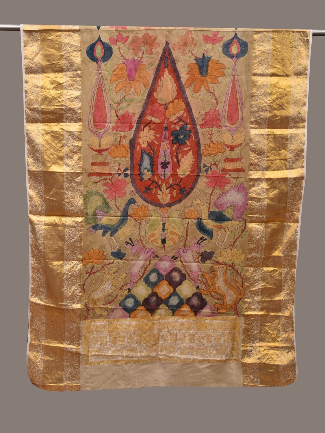 Multicolor Kalamkari Hand Painted Kanchipuram Silk Handloom Dupatta with Animals Design ds2784