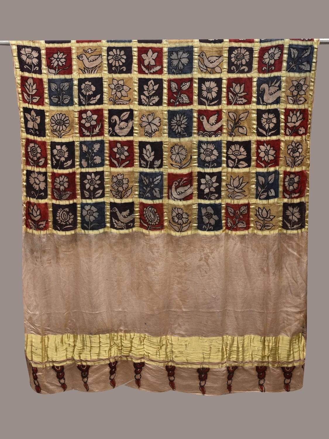 Multicolor Kalamkari Hand Painted Kanchipuram Silk Handloom Dupatta with Checks Design ds2526