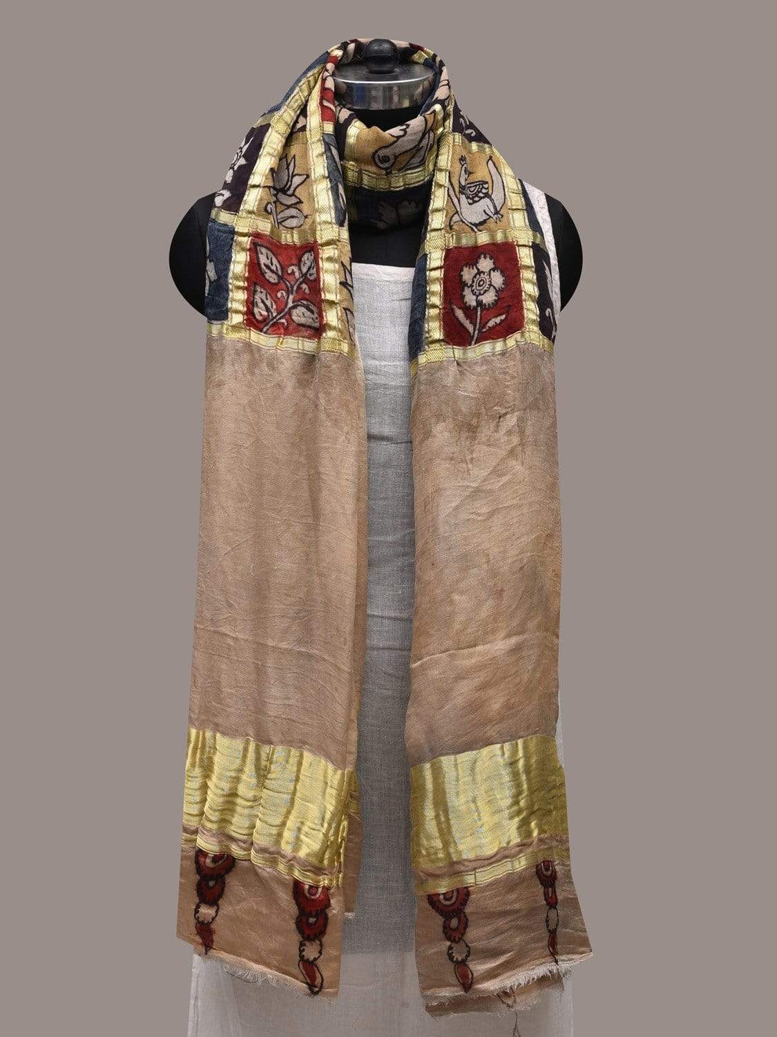 Multicolor Kalamkari Hand Painted Kanchipuram Silk Handloom Dupatta with Checks Design ds2526