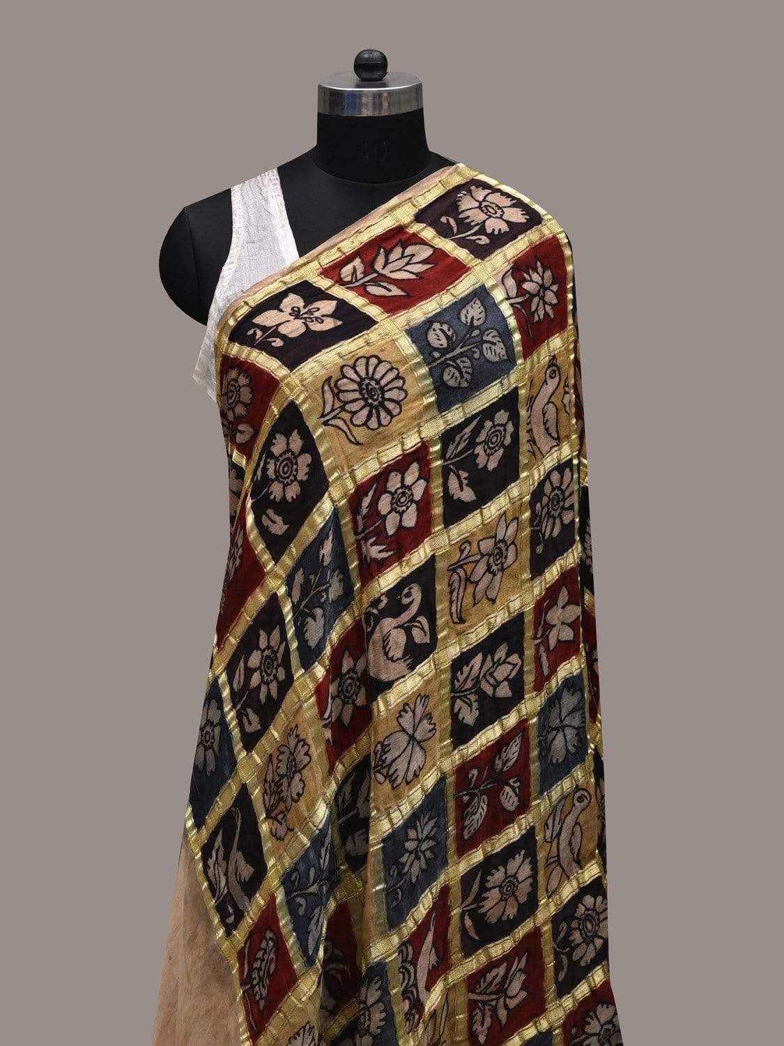 Multicolor Kalamkari Hand Painted Kanchipuram Silk Handloom Dupatta with Checks Design ds2526