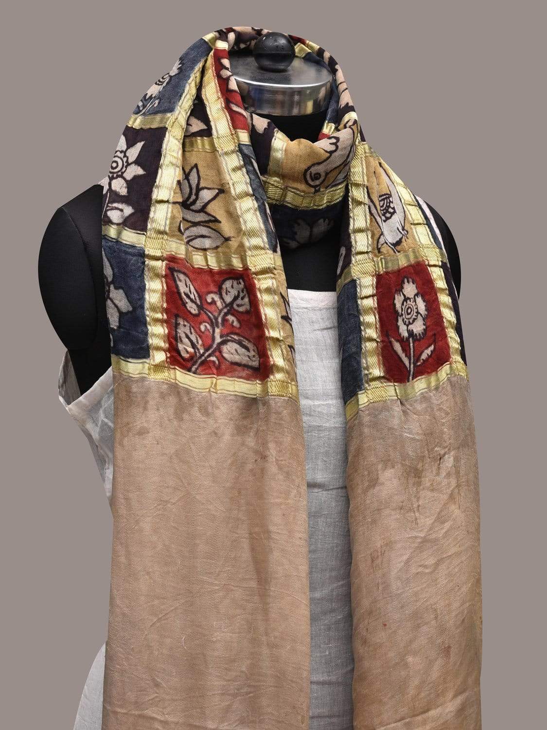 Multicolor Kalamkari Hand Painted Kanchipuram Silk Handloom Dupatta with Checks Design ds2526