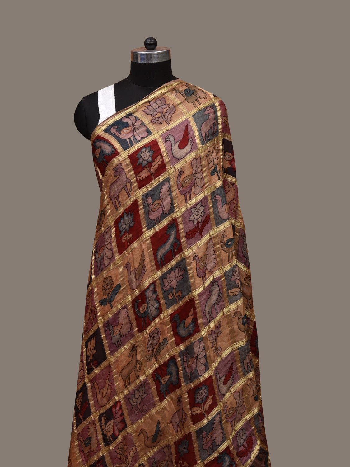 Multicolor Kalamkari Hand Painted Kanchipuram Silk Handloom Dupatta with Checks Design ds3087