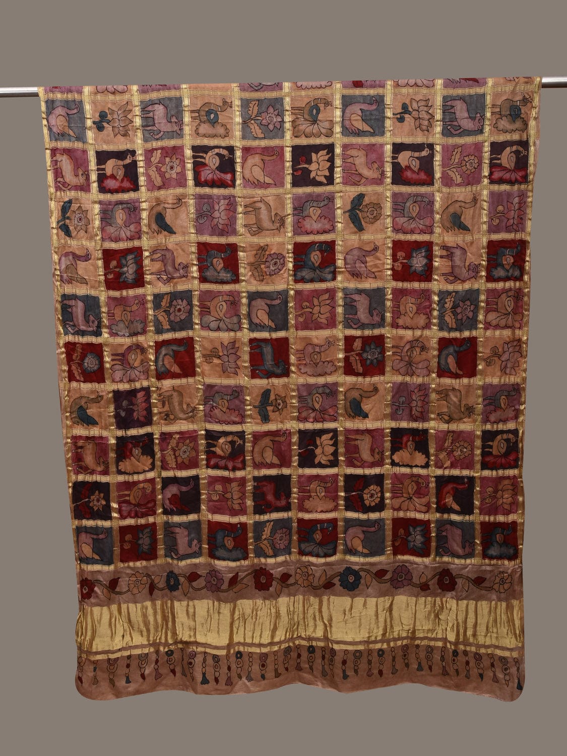 Multicolor Kalamkari Hand Painted Kanchipuram Silk Handloom Dupatta with Checks Design ds3087