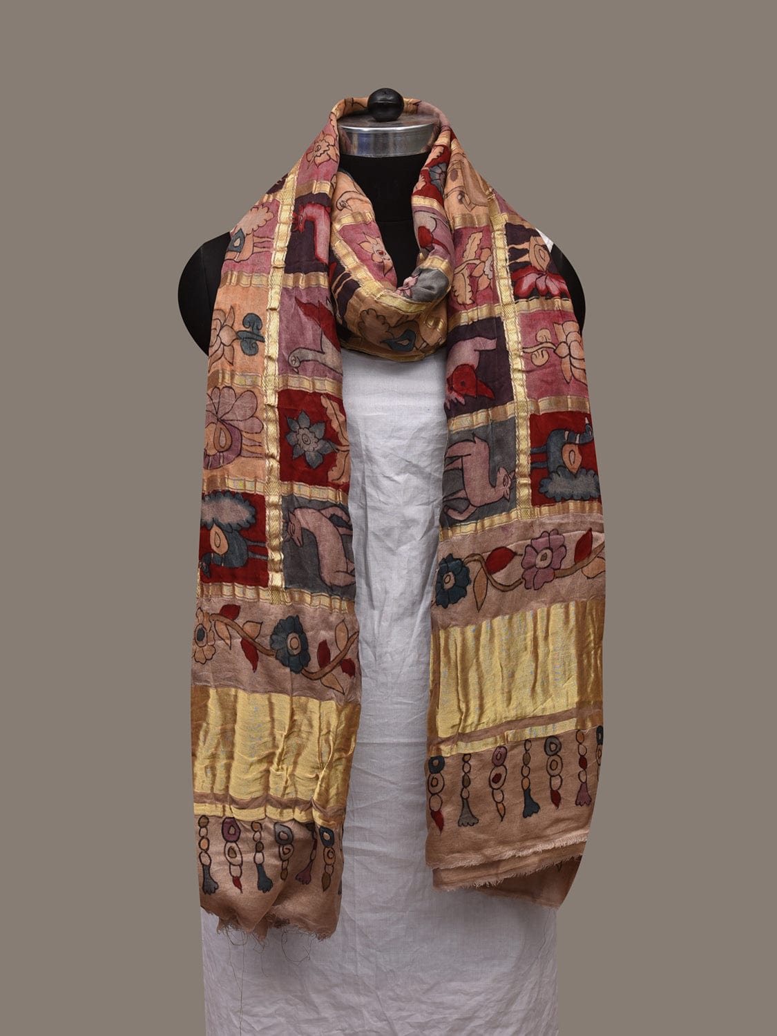 Multicolor Kalamkari Hand Painted Kanchipuram Silk Handloom Dupatta with Checks Design ds3087