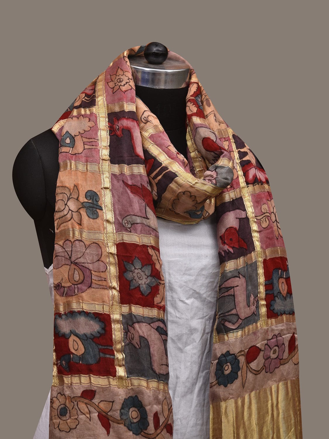 Multicolor Kalamkari Hand Painted Kanchipuram Silk Handloom Dupatta with Checks Design ds3087