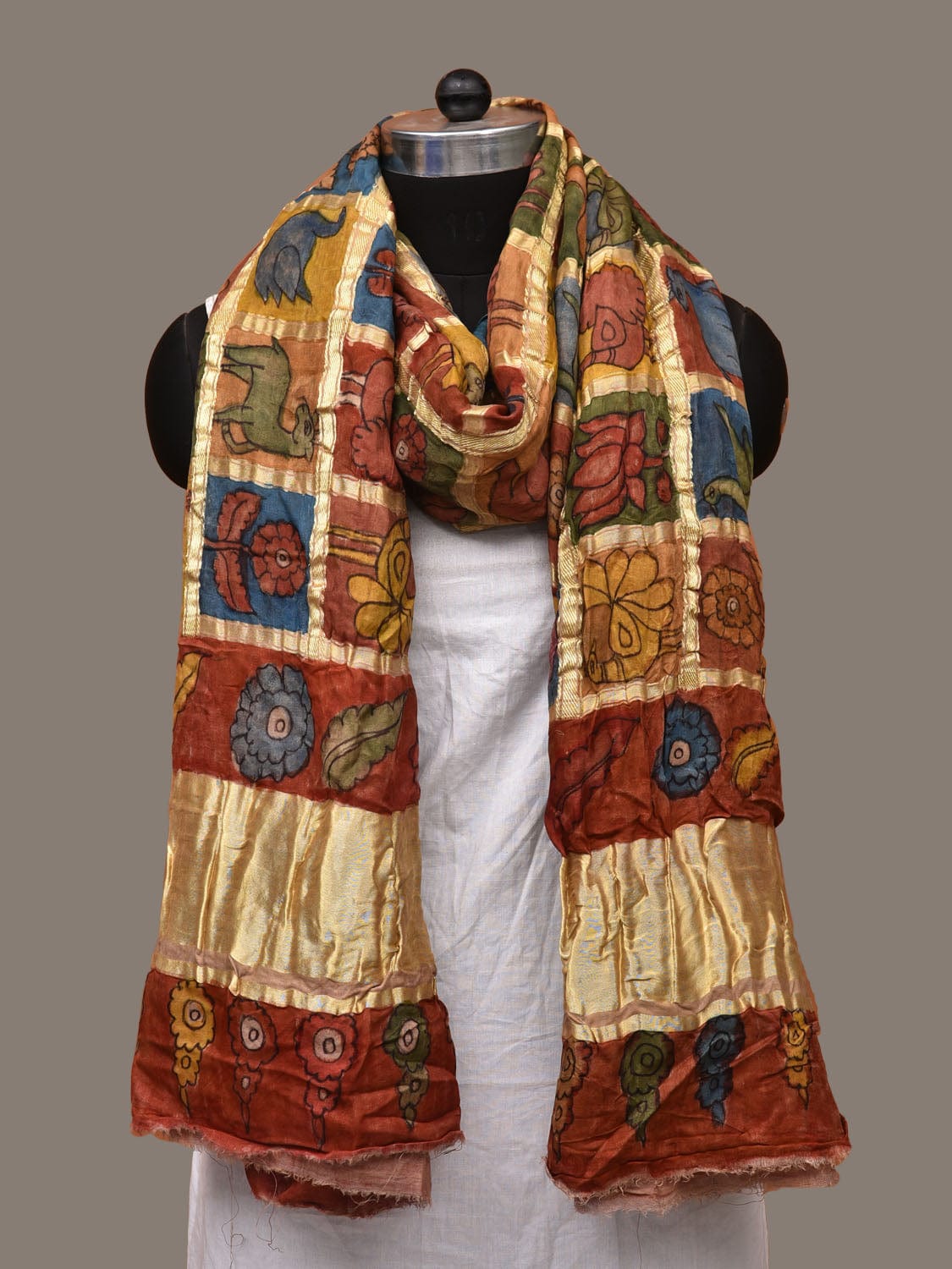 Multicolor Kalamkari Hand Painted Kanchipuram Silk Handloom Dupatta with Checks Design ds3132