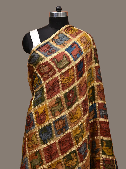 Multicolor Kalamkari Hand Painted Kanchipuram Silk Handloom Dupatta with Checks Design ds3132