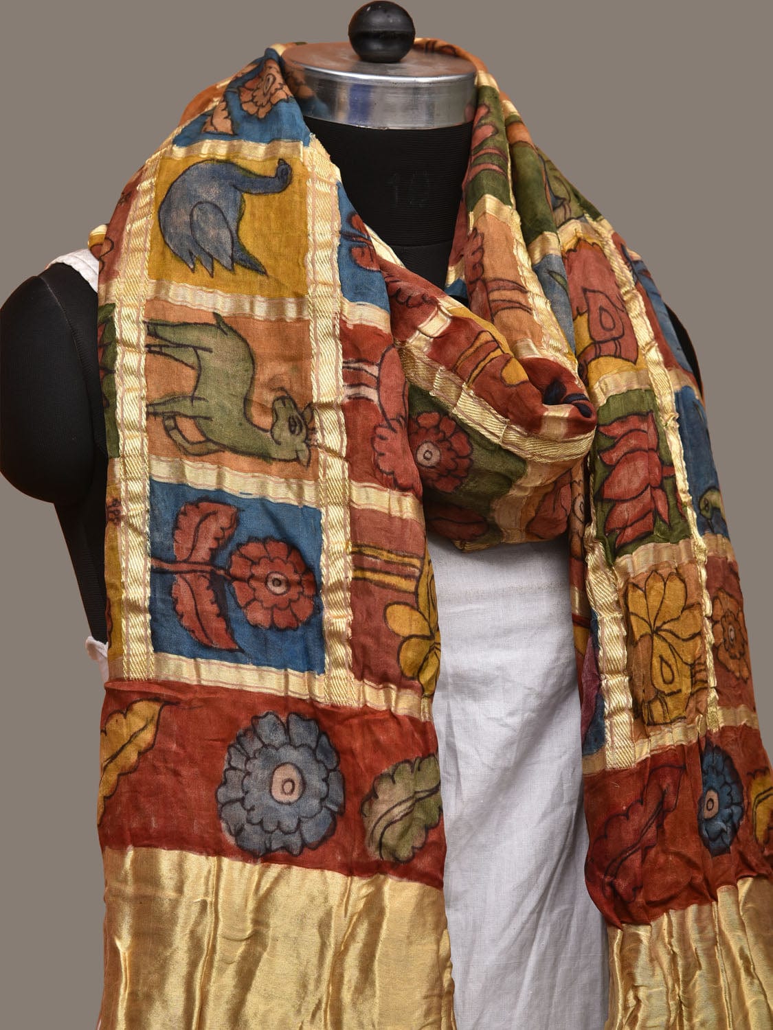 Multicolor Kalamkari Hand Painted Kanchipuram Silk Handloom Dupatta with Checks Design ds3132