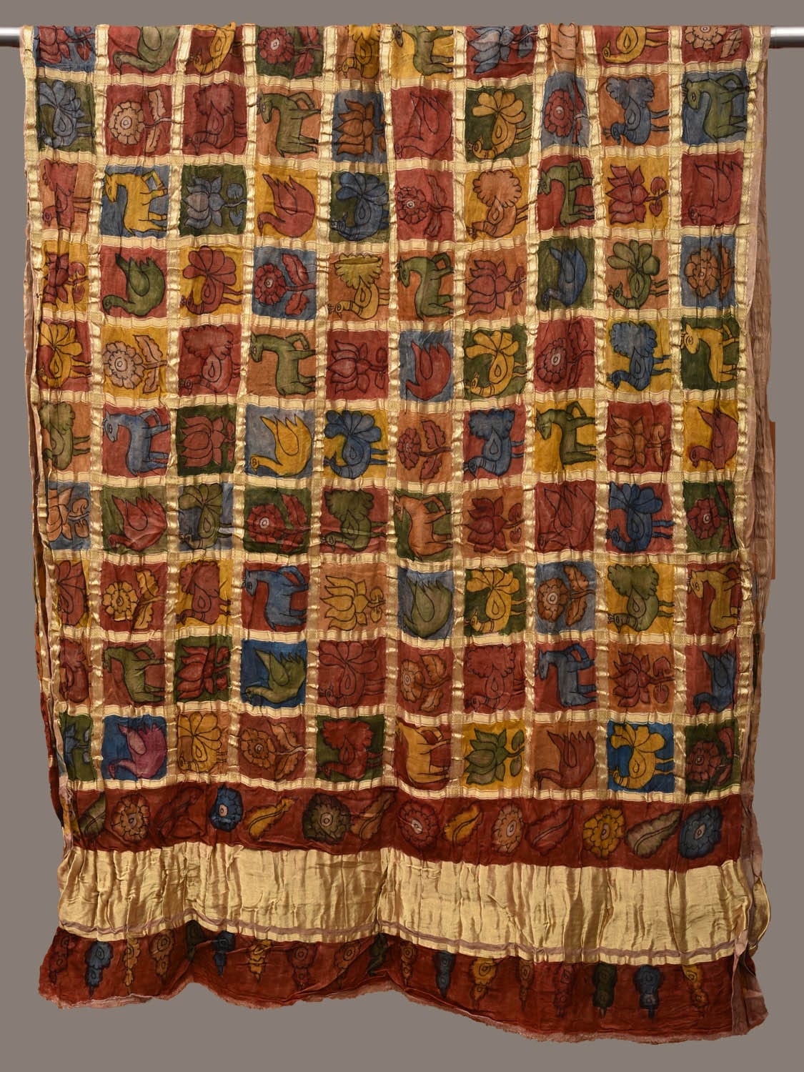 Multicolor Kalamkari Hand Painted Kanchipuram Silk Handloom Dupatta with Checks Design ds3132