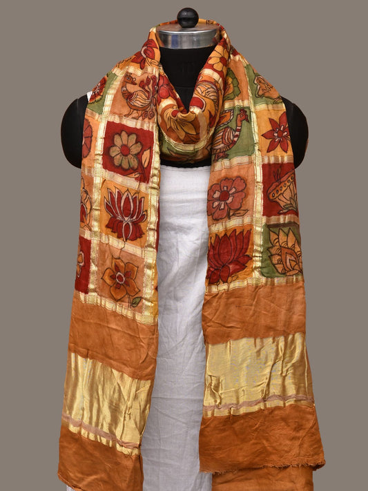 Multicolor Kalamkari Hand Painted Kanchipuram Silk Handloom Dupatta with Checks Design ds3136