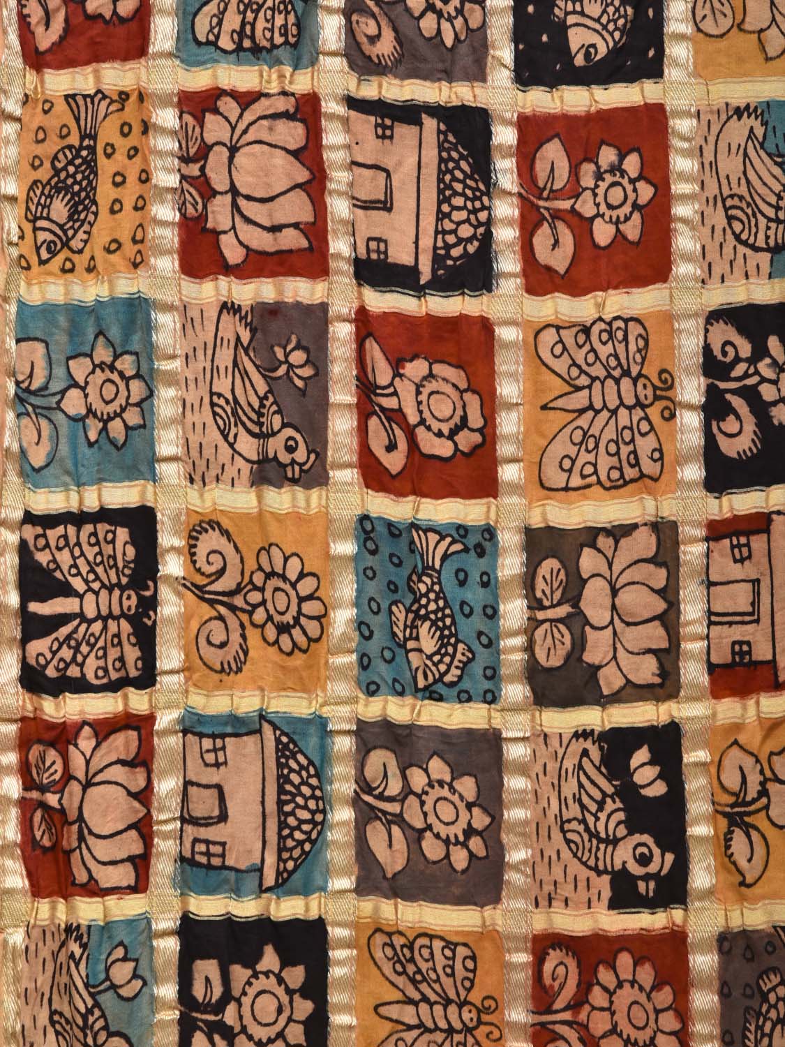 Multicolor Kalamkari Hand Painted Kanchipuram Silk Handloom Dupatta with Checks Design KL0429