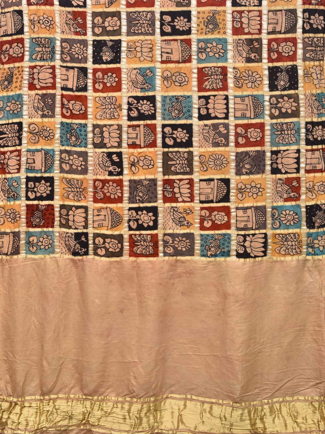 Multicolor Kalamkari Hand Painted Kanchipuram Silk Handloom Dupatta with Checks Design KL0429