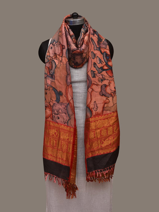 Multicolor Kalamkari Hand Painted Kanchipuram Silk Handloom Dupatta with Cows and Krishna Design ds2995