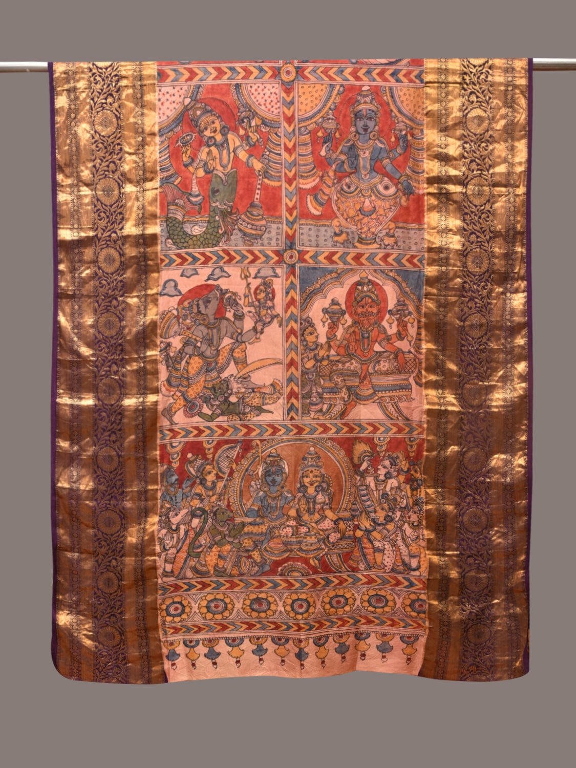 Multicolor Kalamkari Hand Painted Kanchipuram Silk Handloom Dupatta with Dasavatar Design ds3378