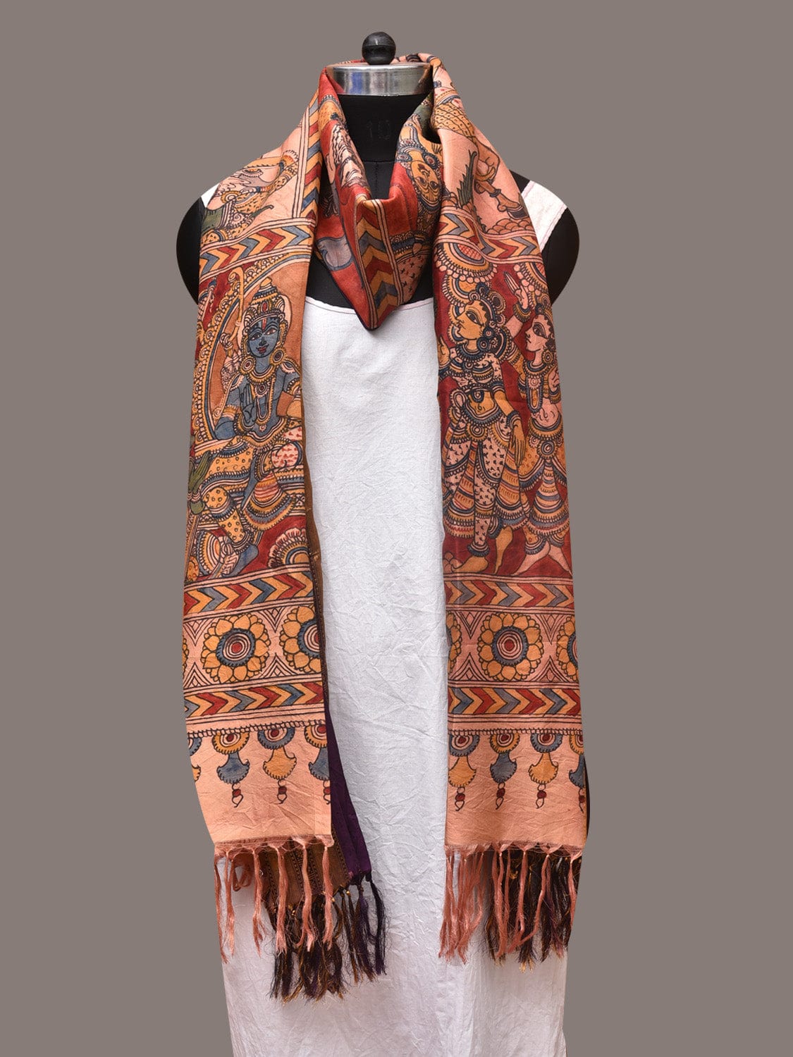 Multicolor Kalamkari Hand Painted Kanchipuram Silk Handloom Dupatta with Dasavatar Design ds3378