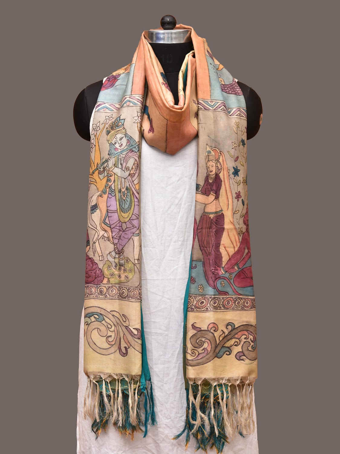 Multicolor Kalamkari Hand Painted Kanchipuram Silk Handloom Dupatta with Dashavatar Design ds3245