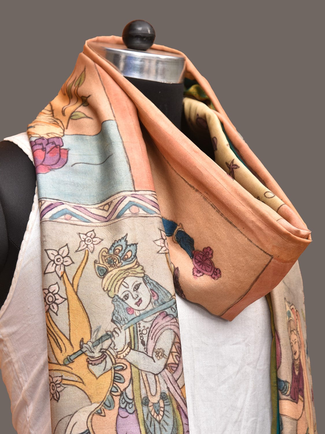 Multicolor Kalamkari Hand Painted Kanchipuram Silk Handloom Dupatta with Dashavatar Design ds3245