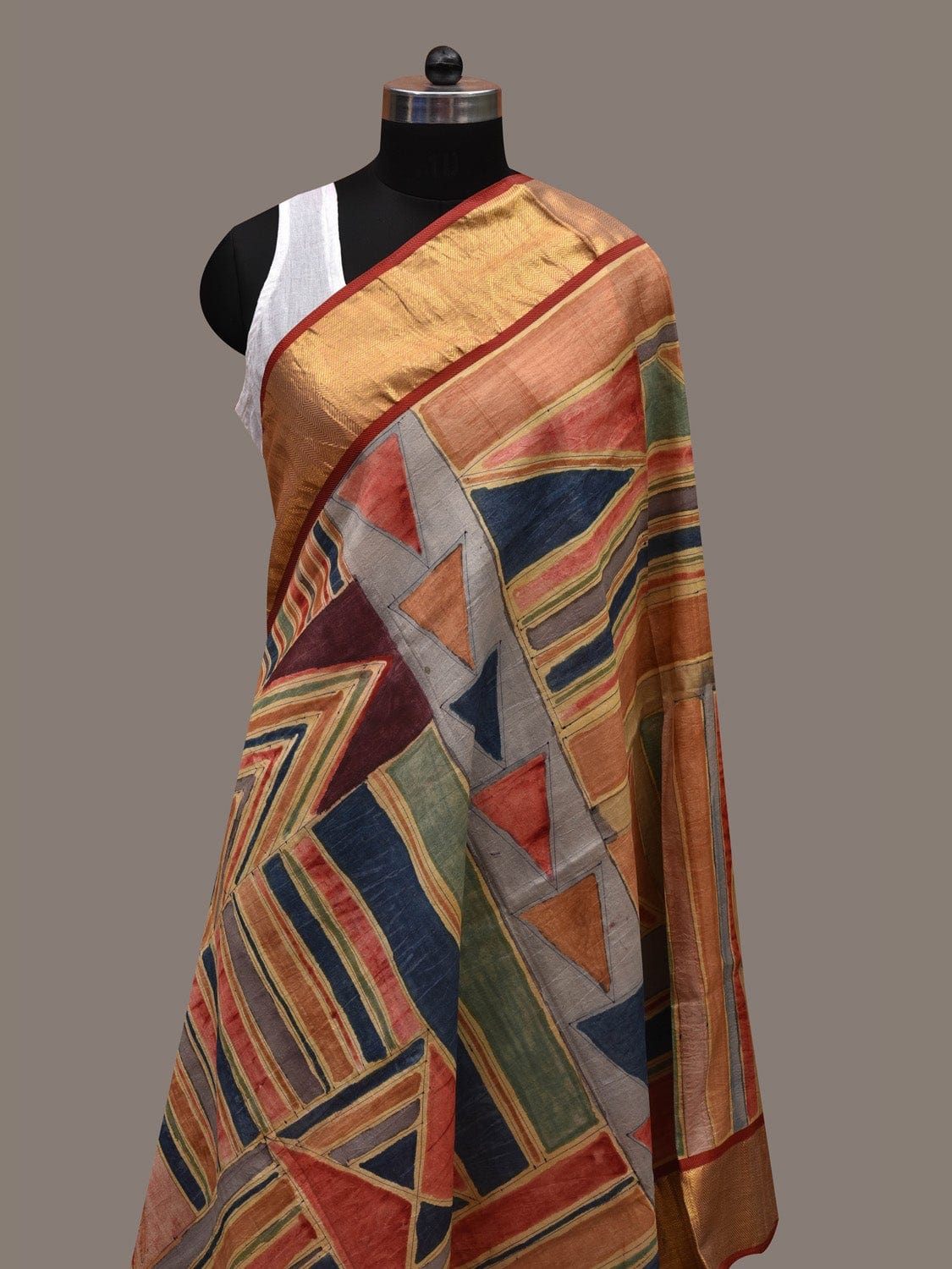 Multicolor Kalamkari Hand Painted Kanchipuram Silk Handloom Dupatta with Geometric Design ds2639