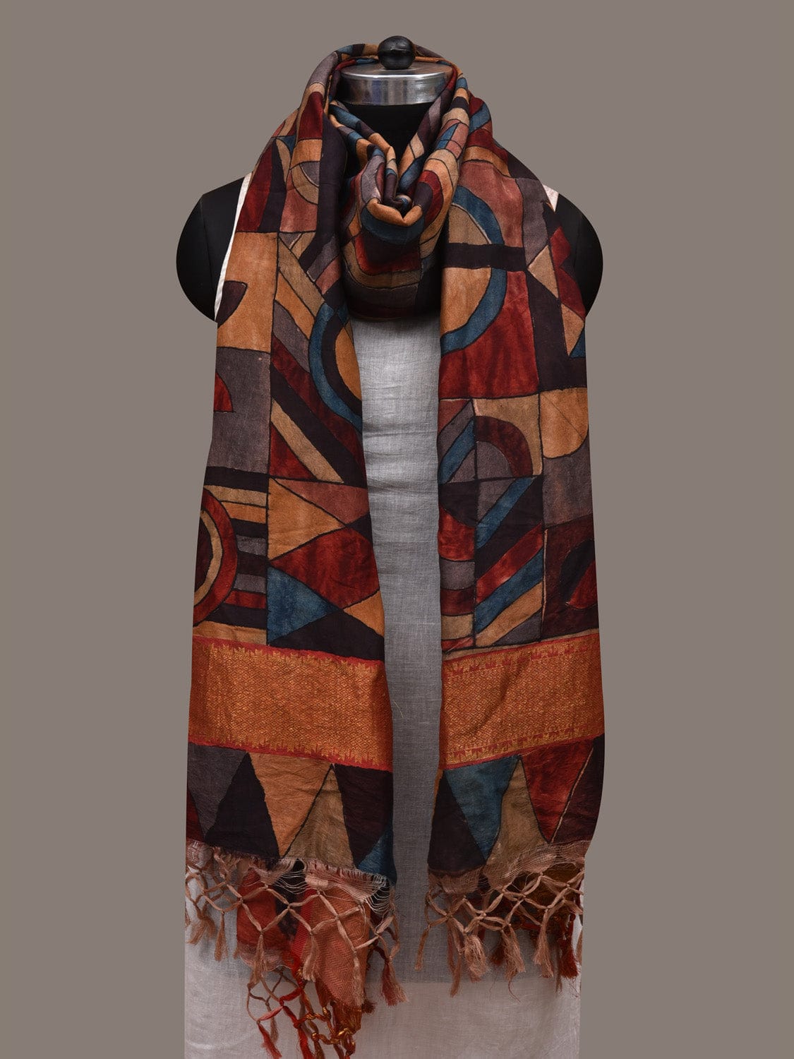 Multicolor Kalamkari Hand Painted Kanchipuram Silk Handloom Dupatta with Geometric Design ds2866