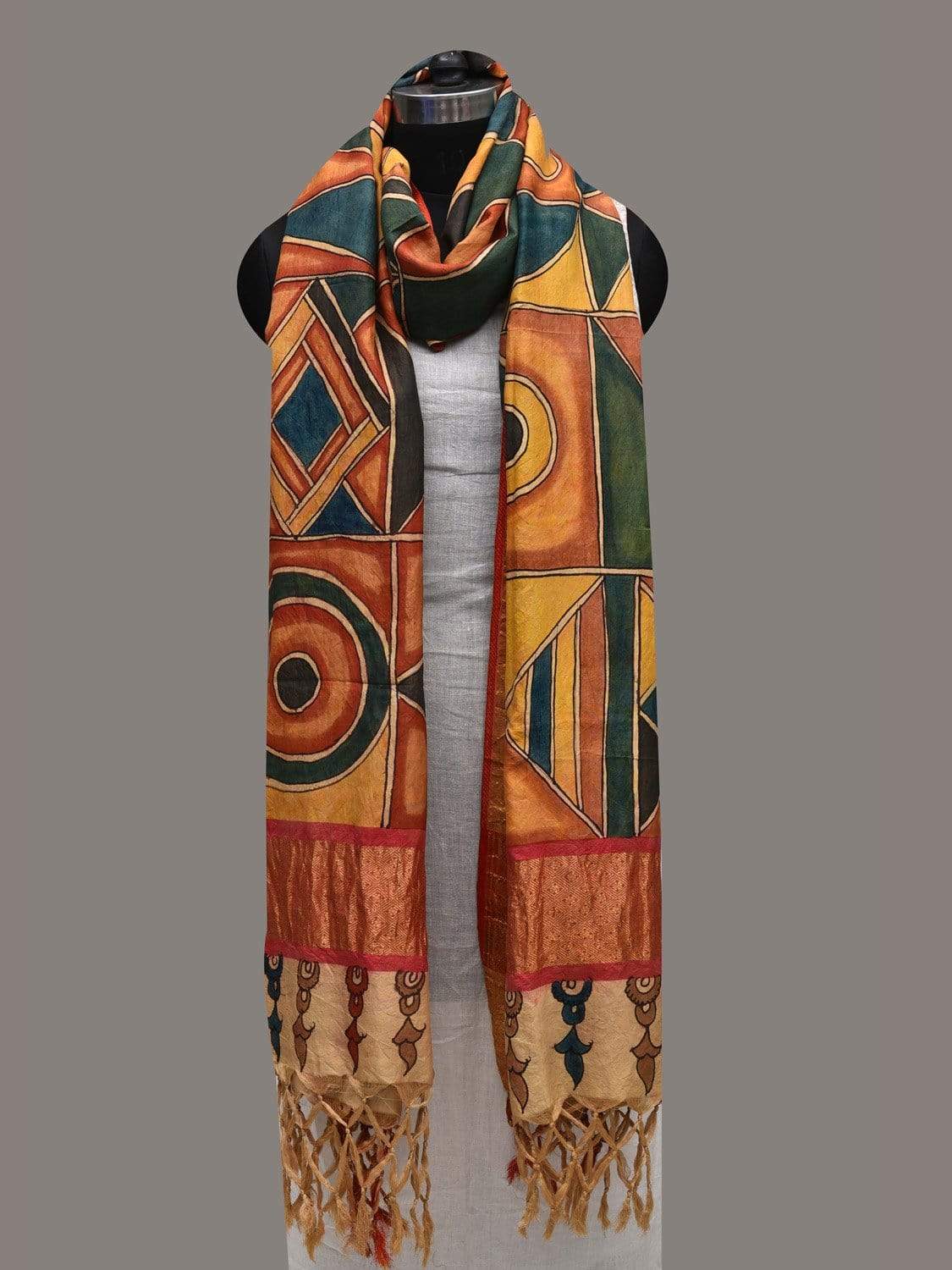 Multicolor Kalamkari Hand Painted Kanchipuram Silk Handloom Dupatta with Geometrical Design ds2570