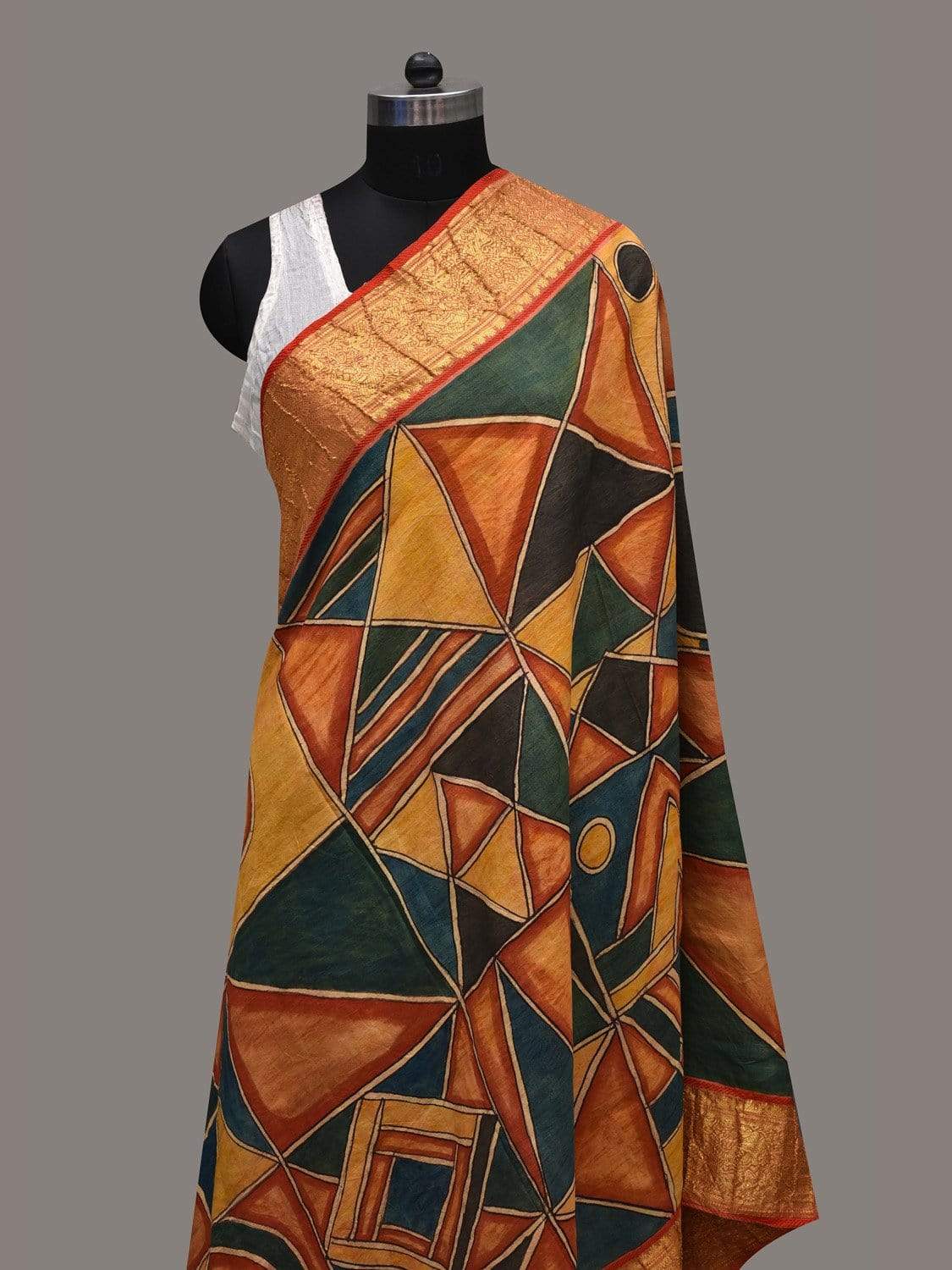 Multicolor Kalamkari Hand Painted Kanchipuram Silk Handloom Dupatta with Geometrical Design ds2570