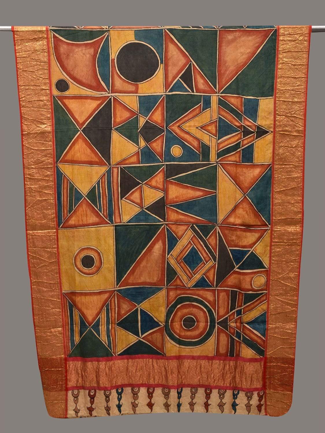 Multicolor Kalamkari Hand Painted Kanchipuram Silk Handloom Dupatta with Geometrical Design ds2570