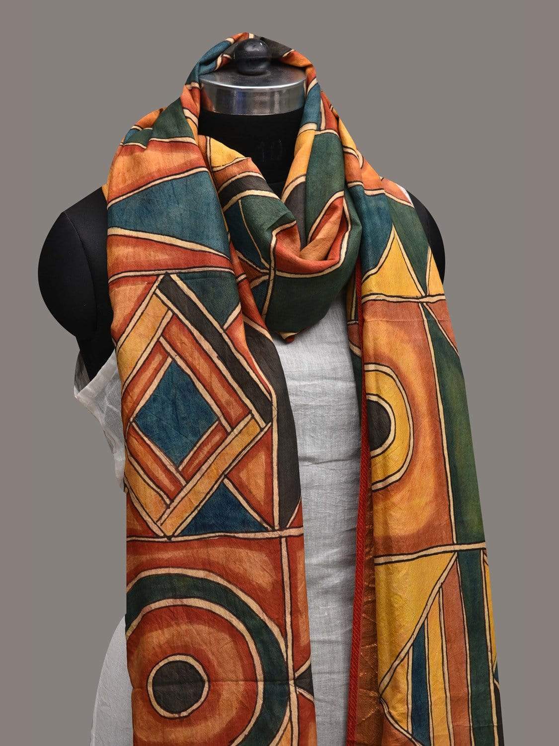 Multicolor Kalamkari Hand Painted Kanchipuram Silk Handloom Dupatta with Geometrical Design ds2570