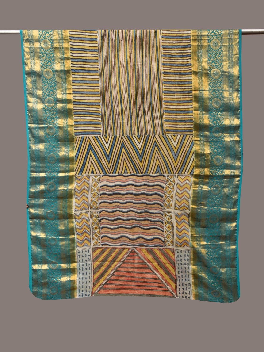 Multicolor Kalamkari Hand Painted Kanchipuram Silk Handloom Dupatta with Geometrical Design ds3500