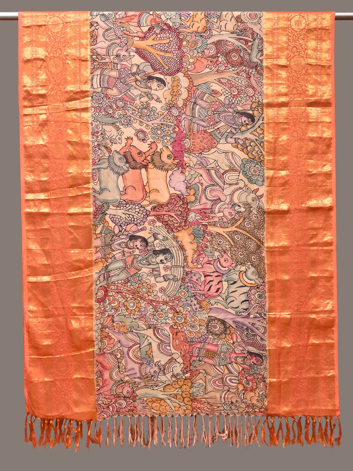 Multicolor Kalamkari Hand Painted Kanchipuram Silk Handloom Dupatta with Hunter and Animals Design ds3325