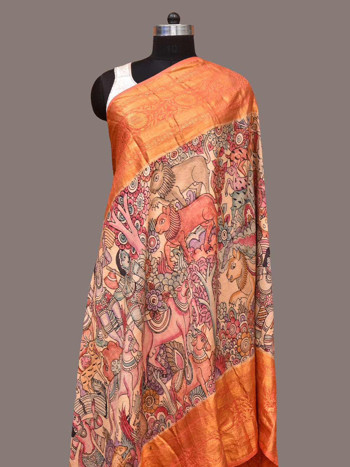 Multicolor Kalamkari Hand Painted Kanchipuram Silk Handloom Dupatta with Hunter and Animals Design ds3325