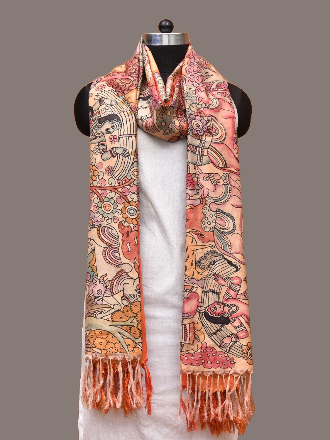 Multicolor Kalamkari Hand Painted Kanchipuram Silk Handloom Dupatta with Hunter and Animals Design ds3325