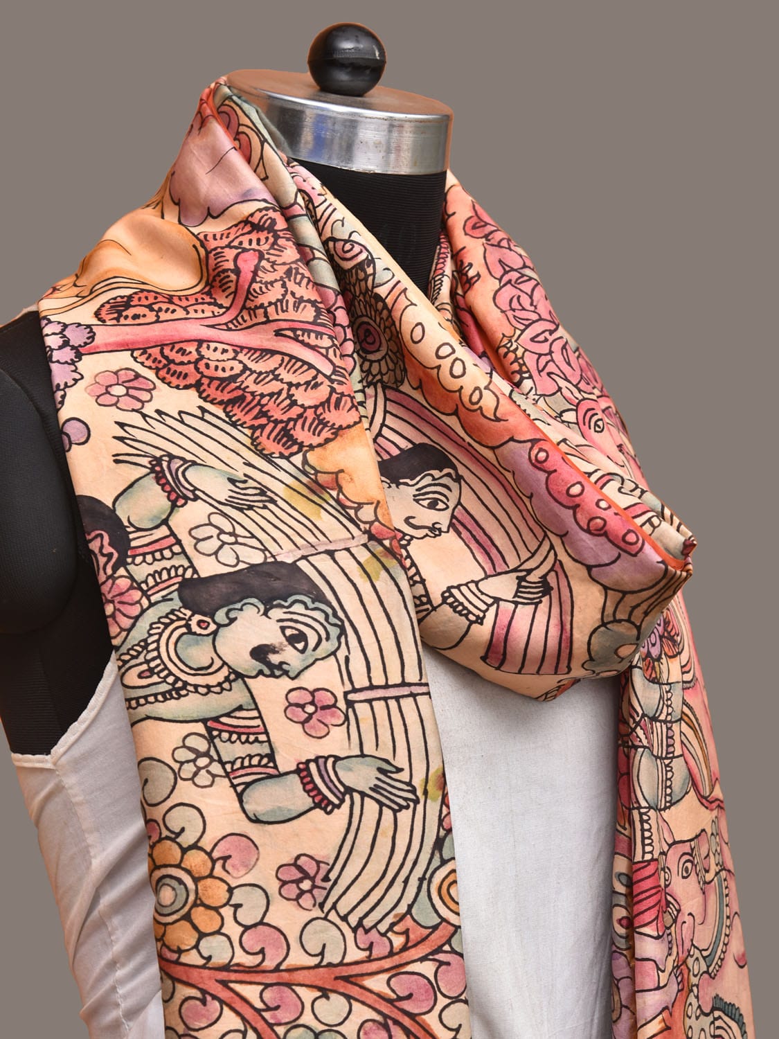 Multicolor Kalamkari Hand Painted Kanchipuram Silk Handloom Dupatta with Hunter and Animals Design ds3325