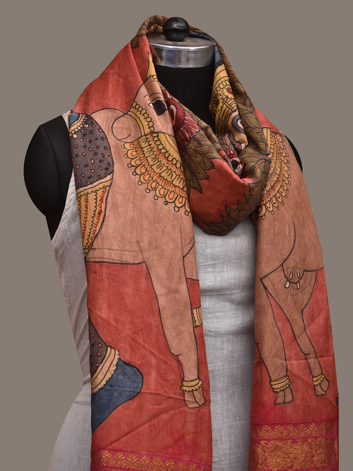 Multicolor Kalamkari Hand Painted Kanchipuram Silk Handloom Dupatta with Krishna and Cow Design ds3004