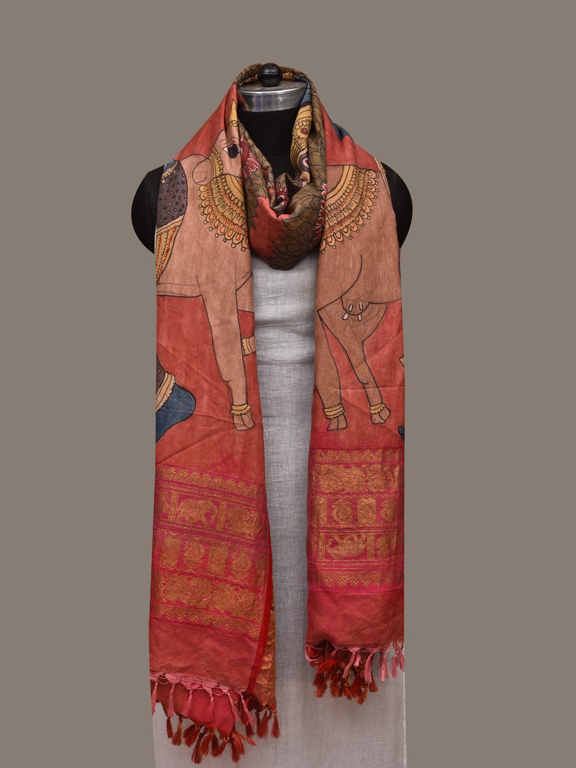 Multicolor Kalamkari Hand Painted Kanchipuram Silk Handloom Dupatta with Krishna and Cow Design ds3004