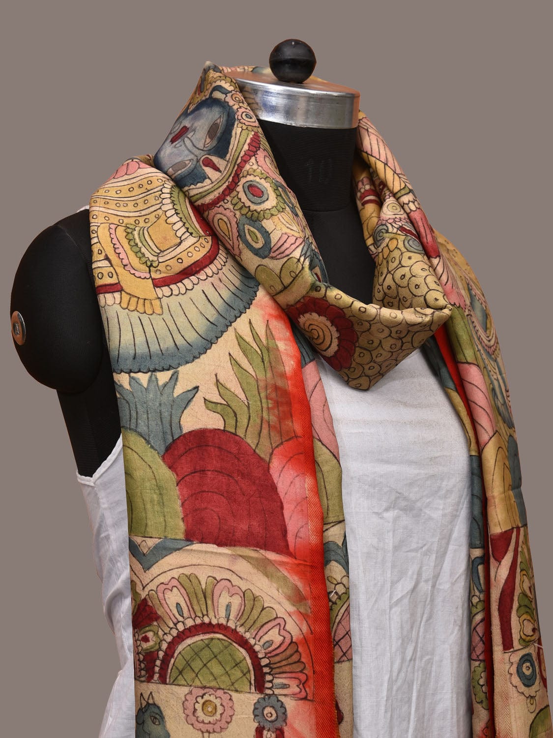 Multicolor Kalamkari Hand Painted Kanchipuram Silk Handloom Dupatta with Krishna and Radha Design ds3173