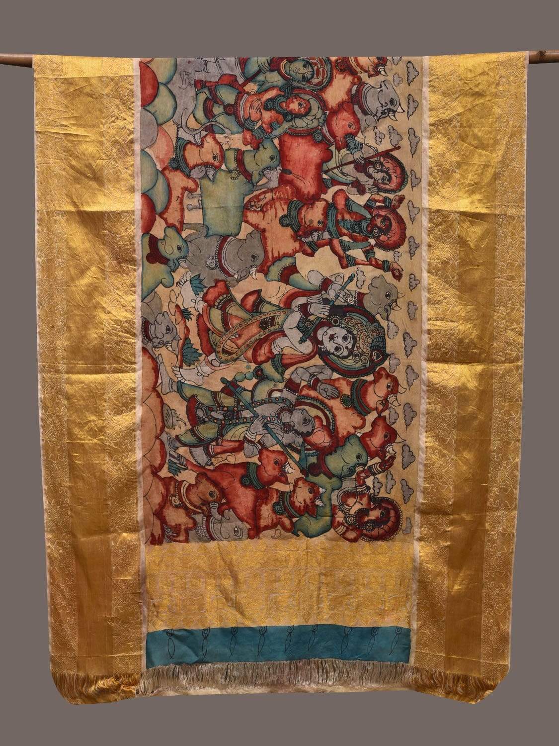 Multicolor Kalamkari Hand Painted Kanchipuram Silk Handloom Dupatta with Krishna Design ds2393