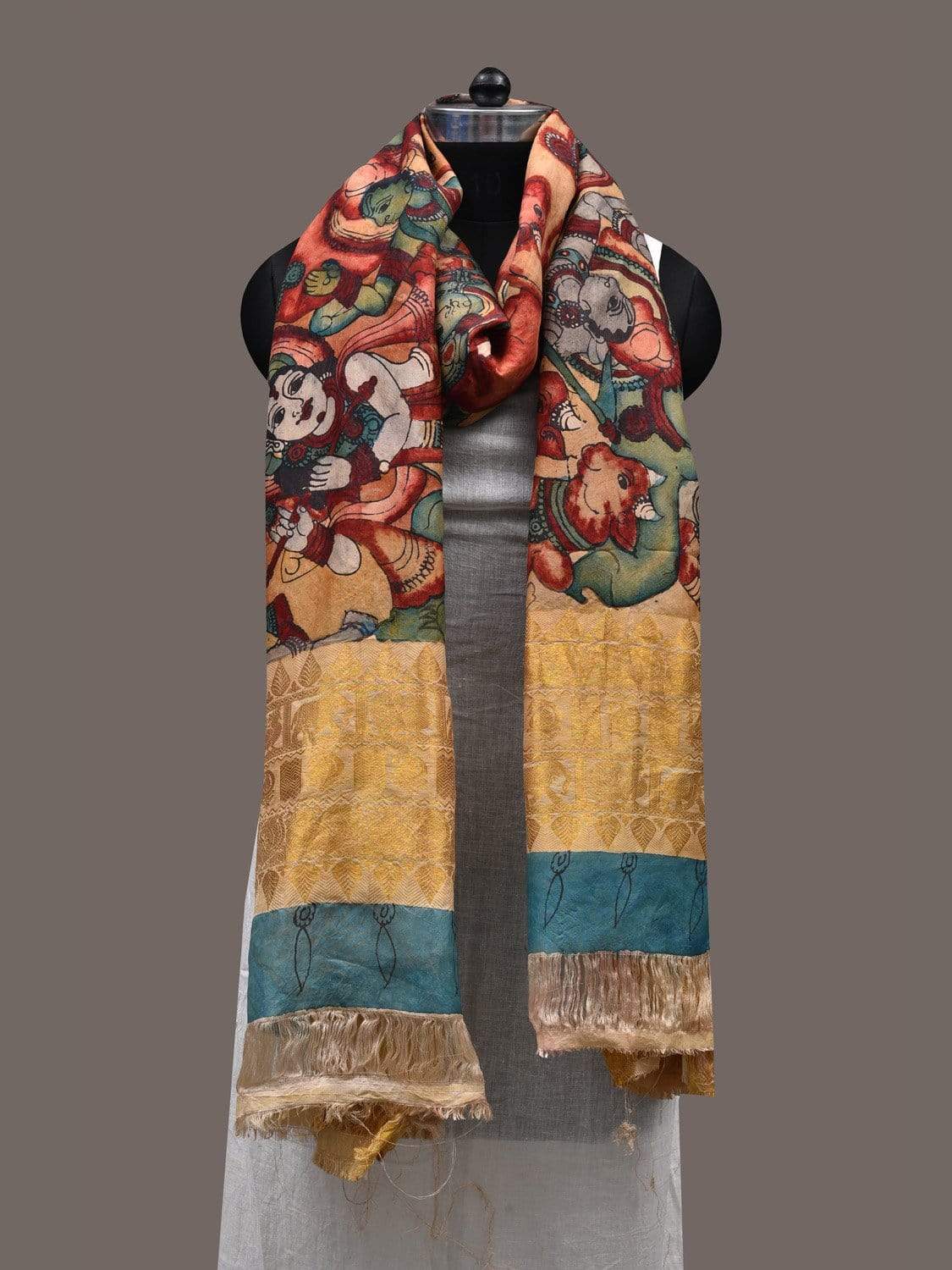 Multicolor Kalamkari Hand Painted Kanchipuram Silk Handloom Dupatta with Krishna Design ds2393